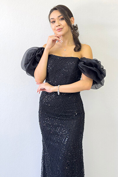 zks grup tekstil Düşük Omuz Balık Tasarım Pul Payet Abiye Elbise Beyaz, Siyah, Gri, Lacivert, Lila