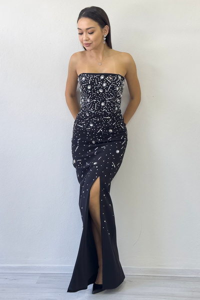 zks grup tekstil Strapless Stone Design Slit Mermaid Evening Dress White, Saks, Powder, Red, Baby Blue, Black, Yellow