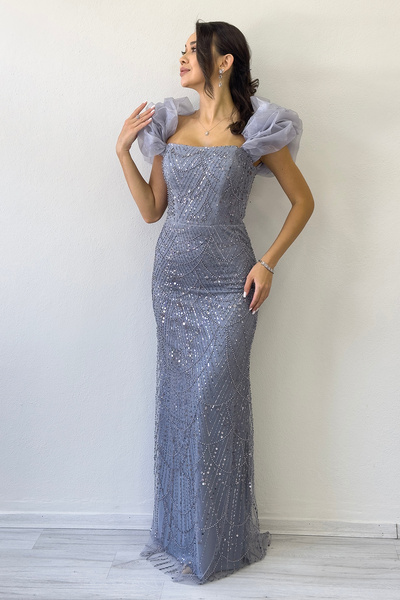 zks grup tekstil Off Shoulder Fish Design Sequin Evening Dress White, Black, Grey, Navy Blue, Lilac