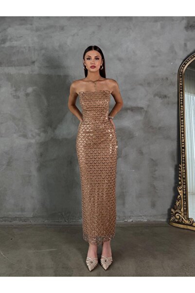 zoezoe Silviya Straplez Pul Payet İşlemeli Elbise Midi Abiye Beyaz