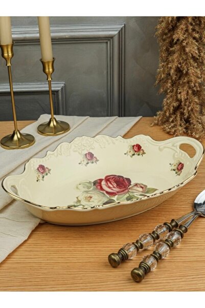 hediye Esterhomedecor Porcelain Deep Serving Dish with Handle 37cm Single Piece