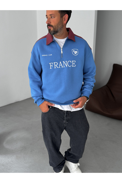 BYBASICMAN Light Blue France Embroidered Oversize Sweatshirt Es-71-80