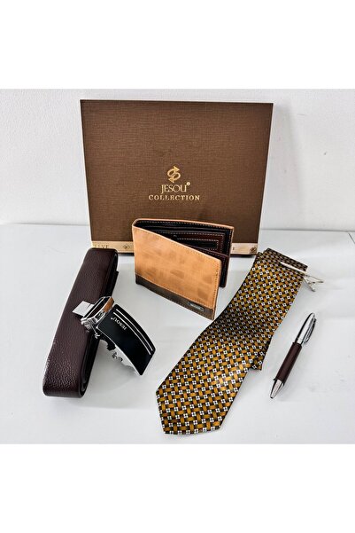 velve Set pentru barbati JESOU COLLECTION, cutie cu portofel, cravata cu ac, pix si curea, Maro