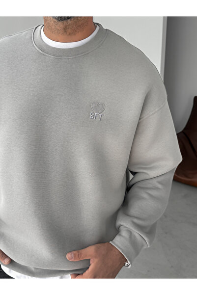 BYBASICMAN Gri Kalp Nakışlı Basic Oversize Sweatshirt TW-7080