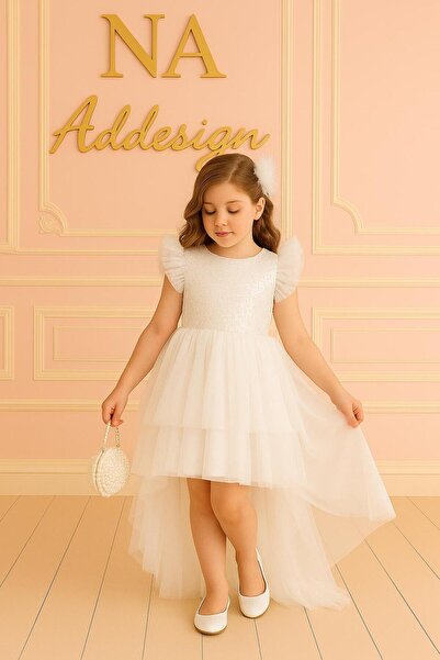 NA ADDESIGN Fluffy Ruffled Sequin Detailed Girls' Party & Special Occasion Dress, Children's Dress with Tail
