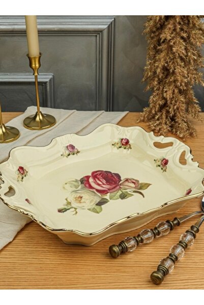 hediye Esterhomedecor Porcelain Rectangular Serving Plate with Handle 36cm Single Piece