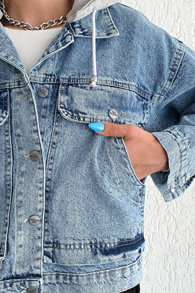 Noa Noa Jachetă de denim cu cu glugă buzunare detașabilă pentru femei – fără căptușeală și utilizare multifuncțională