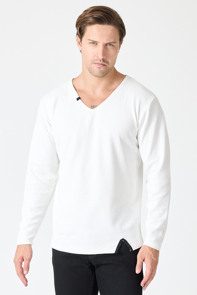 PELİTİSS Swea alb cu decolteu în V slim fit pentru bărbați cu mânecă lungă tricou