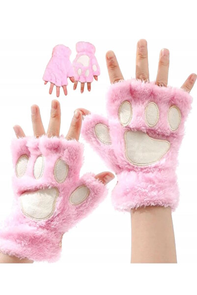 CAŞ DEKORASYON Pink Color Paw Plush Children's Gloves