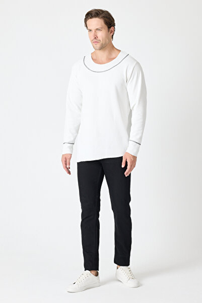 PELİTİSS سويت شيرت رجالي أبيض برقبة دائرية وقصة ضيقة وأكمام طويلة