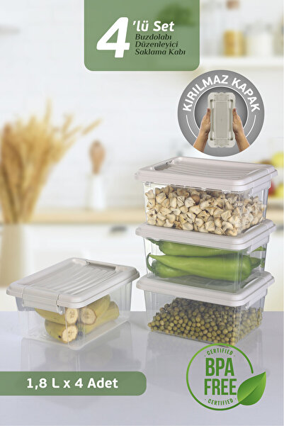 MOİ Set of 4 - 1800 ml Food Storage Container with Locking Lid Freezer Refrigerator Organizer Storage Box Beige