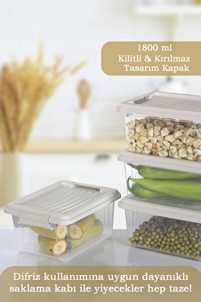 MOİ Set of 4 - 1800 ml Food Storage Container with Locking Lid Freezer Refrigerator Organizer Storage Box Beige