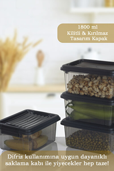 MOİ Set of 4 1800 ml Food Storage Containers with Locking Lids Freezer Refrigerator Organizer Storage Box Black