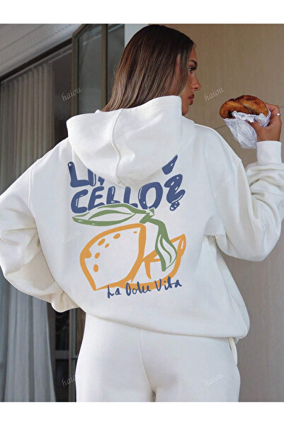 LAMASTRE سويت شيرت بغطاء للرأس من ليمون سيلو - مقاس كبير مطبوع باللون الأبيض