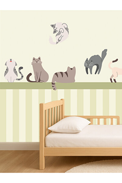 Tasarım Sevimli Kediler Temalı Çocuk Odası Poster Duvar Kağıdı – Pastel Tonlarda