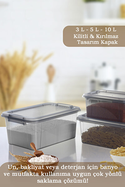 MOİ 3-Piece Locking Lid 3-5-10 Lt Food Storage Container Multi-Purpose Organizer Box Detergent Flour Grains Container