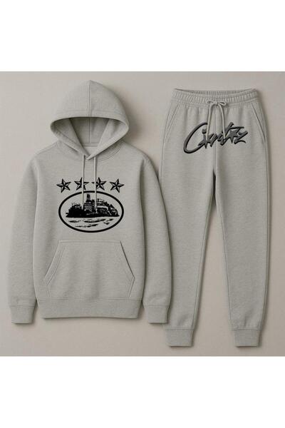 Elvino Σετ αθλητικής φόρμας με κουκούλα Crtz με στάμπα Oversize Γυναικεία/Ανδρική Unisex Χειμερινή 3-κλωνική γκρι φόρμα