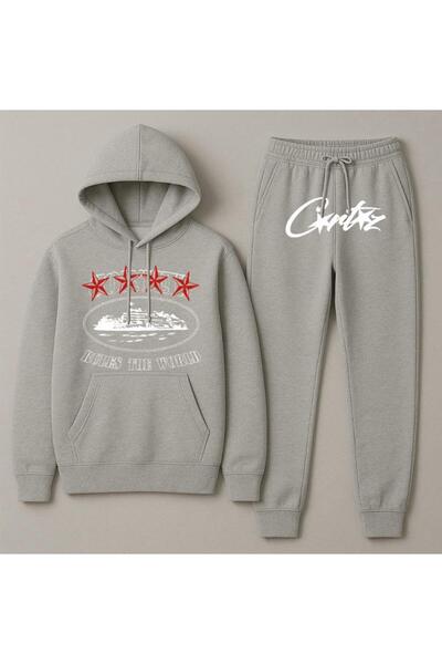 Elvino Hooded Crtz Printed Oversize Women'S/Men's Unisex Winter 3 Thread Gray Tracksuit Set