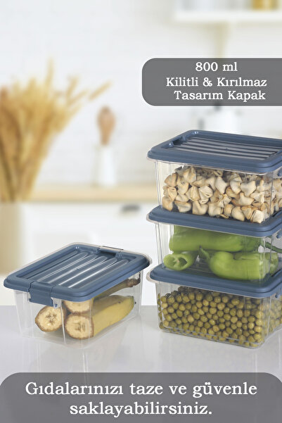 MOİ Set of 4 - 800ml Food Storage Container with Locking Lid - Freezer Refrigerator Organizer Storage Box Blue