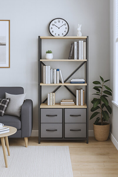 moniev 4 Çekmeceli 4 Raflı Kitaplık Çalışma Odası Düzenleyici Metal Kitaplık ...