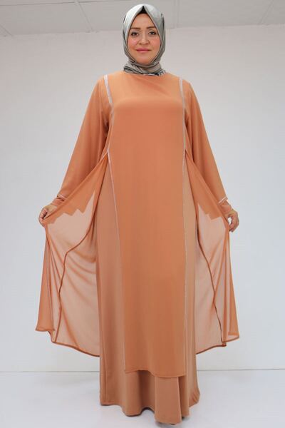 Eslina 42001 Plus Size Sandy Stone Detailed Dress - Salmon