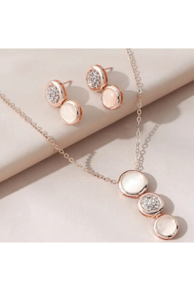 İnci Mercan Bujiteri Geometrik Kolye ve Küpe Seti - Yuvarlak - 3 Lü Set