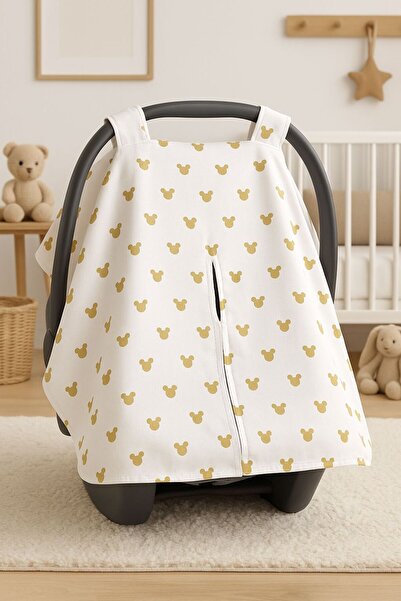 Babycitytr Krem Örgü Gold Mickey Çift Yönlü Puset Örtüsü, Minder & Çarşaf – %...