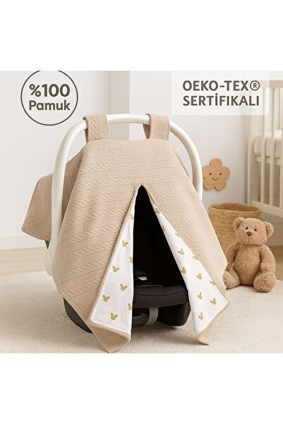 Babycitytr Bej Örgü Gold Mickey Desenli Çift Yönlü Puset Örtüsü & Minderi %100 Pamuk, OEKO-TEX Sertifikalı