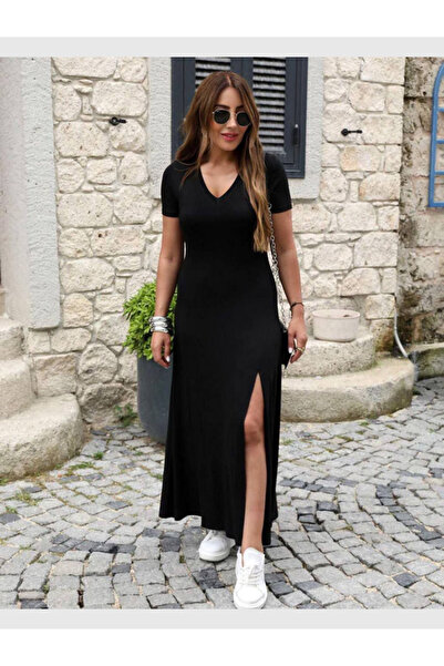 MODA Kadın V yaka Kısa Kol Viskon Penye Rahat Kalıp A Kesim Yırtmaçlı Elbise