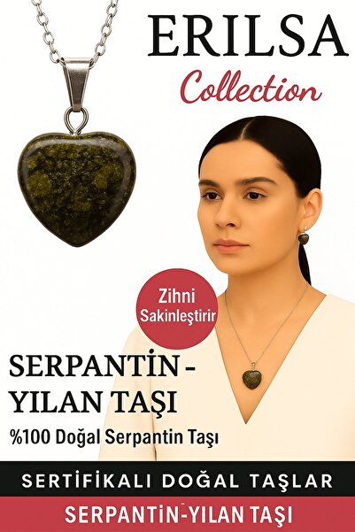 Erilsa Sertifikalı Kalp Model Serpantin Yılan Doğal Taş Kolye – Zihni Sakinleştiren Denge ve Koruma Taşı