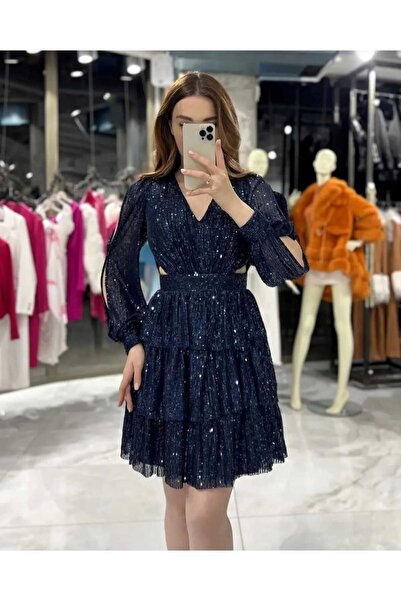 maf collection Kadın Lacivert Pul Payet Sırt Dekolte Mini Abiye Elbise