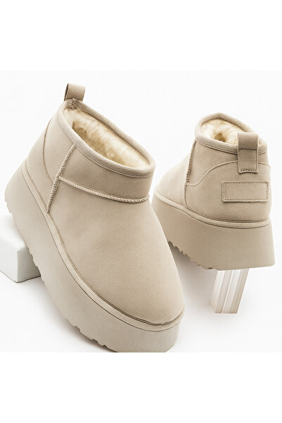 LAVONE Kadın Kalın Taban Içi Kürklü Yarım Bot Tefis Bej Süet