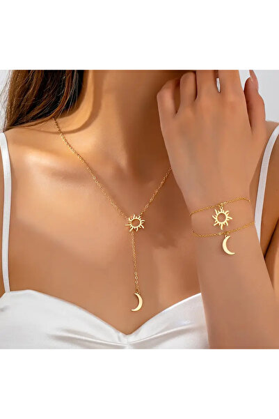 SEVAS GOLD طقم سوار وقلادة على شكل الشمس والقمر للنساء باللون الذهبي