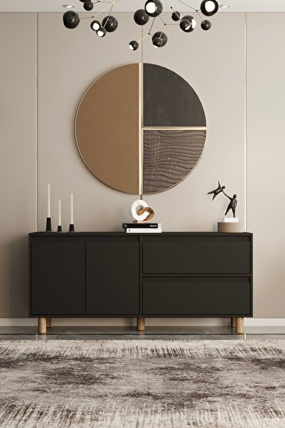 moldesan Mila Siyah mdf 140 cm raflı kapaklı konsol
