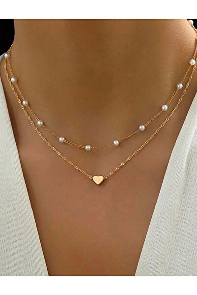 HARİNA قلادة قلب من صف اللؤلؤ الذهبي للسيدات