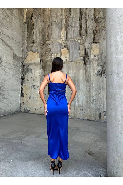 maf collection Rochie de seară din satin cu bretele albastre pentru femei Rochie de absolvire