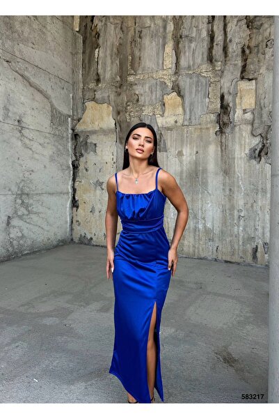 maf collection Rochie de seară din satin cu bretele albastre pentru femei Rochie de absolvire