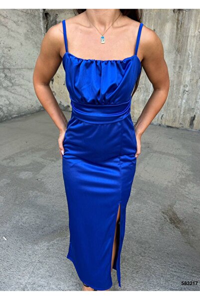 maf collection Rochie de seară din satin cu bretele albastre pentru femei Rochie de absolvire