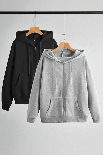 Trend Sizde Φούτερ με κουκούλα με φερμουάρ 2 τεμαχίων σε μαύρο και γκρι χρώμα