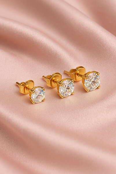 Laboratuvar Pırlantası Lp Işıklı kutuda 5-6-7 mm 14 ayar altın kaplama 3 çift tektaş küpe(kararmaz)