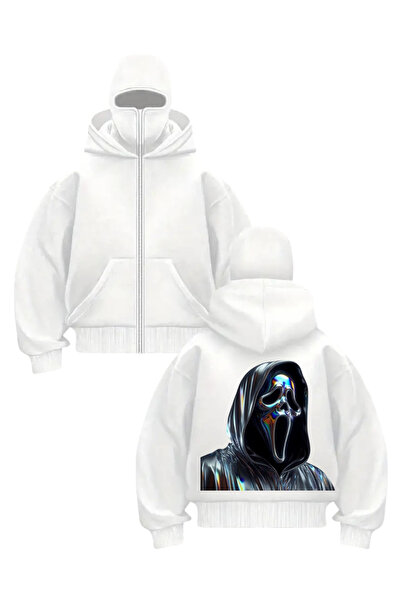 1blood سترة صوفية للجنسين مطبوعة باللون الأبيض Scream Holo مع قناع الثلج