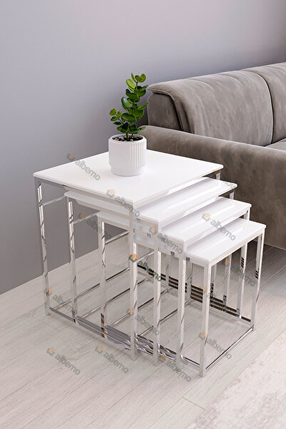 usta mekan Eylül 4 lü Kare Gümüş - Beyaz Zigon Sehpa