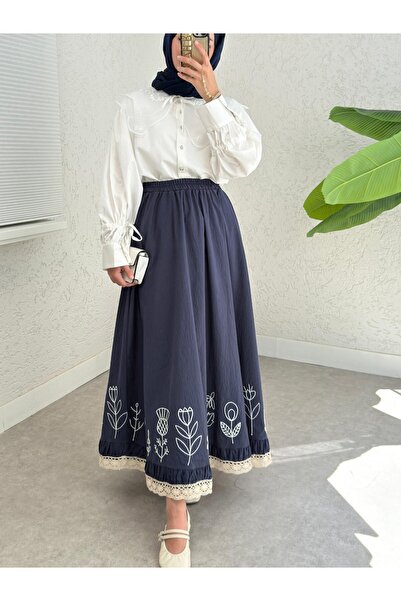 Modamorfo Lace Embroidered Elastic Waist Skirt - Navy