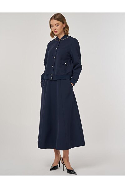 Kayra Embroidered Detailed Skirt Suit Dark Navy Blue