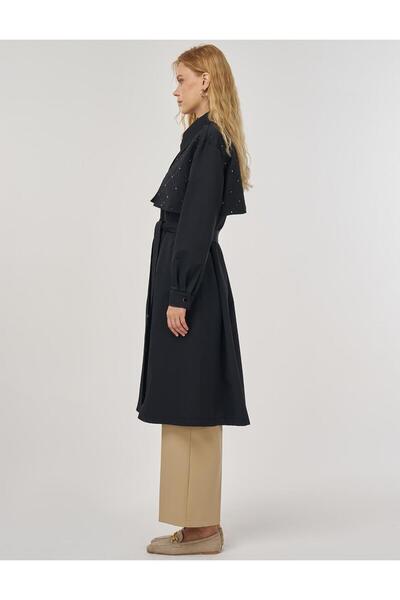 Kayra Hotfix Baskılı Trençkot Siyah