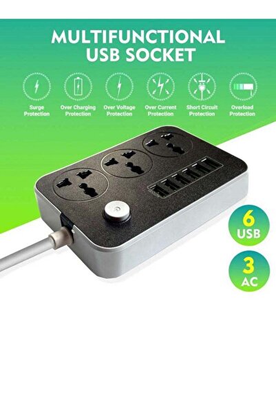 Generic شاحن تيار متردد بثلاثة مقابس مع منفذ USB أسود/رمادي