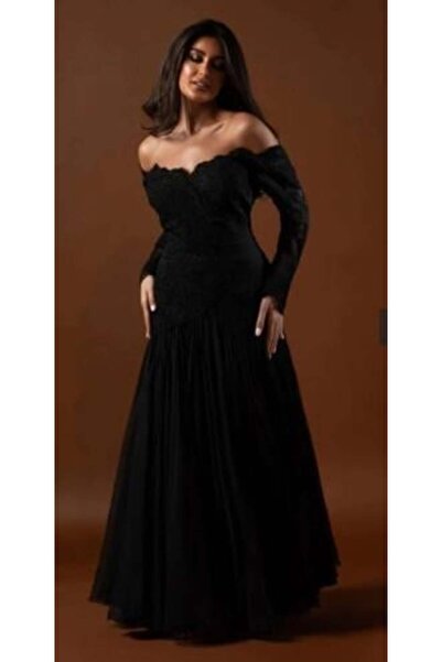 MEZON FASHION فستان من الدانتيل الأسود مع تنورة من التول