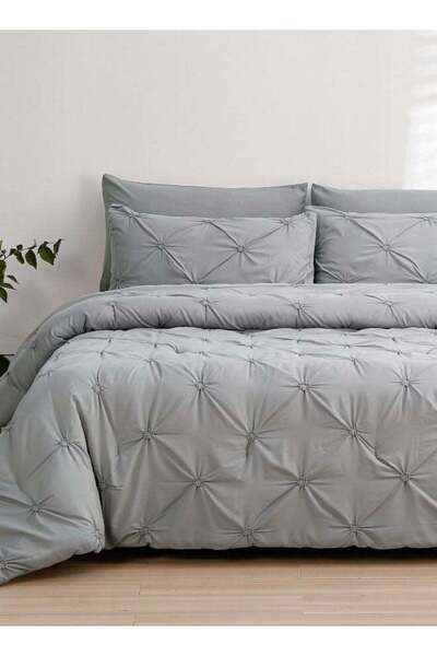 LUNA HOME King size comforter set, 6 piece fitted bedding set pintuck pleated, grey color