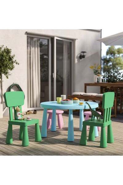 Generic Round sky blue children's table with two green children's chairs