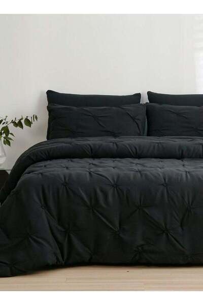 LUNA HOME King size comforter set, 6 piece fitted bedding set pintuck pleated, black color
